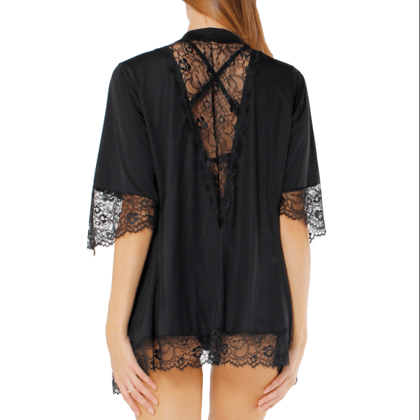 Women's Black Microfiber Kimono With Lace Details